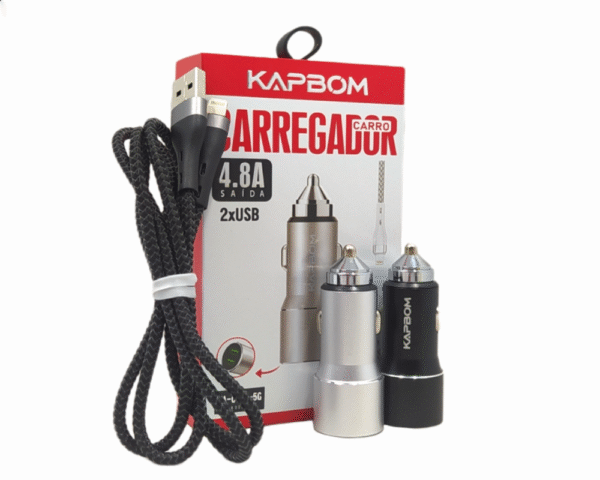 Carregador Veicular 12v TURBO 2 Portas USB 4.8A Cabo Lightning Móvel Kapbom KA-C101-5G