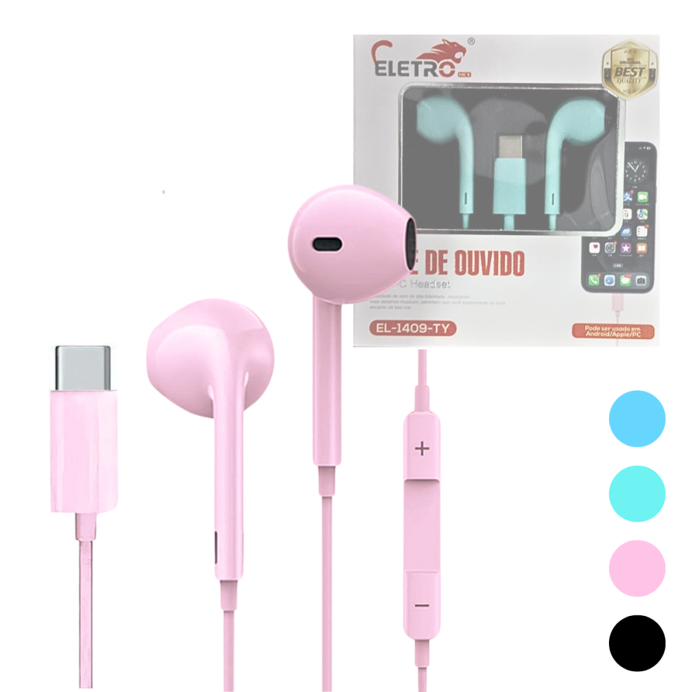 0941050425g1k1e8c07k.png Fone de Ouvido Intra Auricular Com Fio e Microfone Controle de Volume Conexão TIPO-C Eletromex EL-1409-TY - Imagem 1