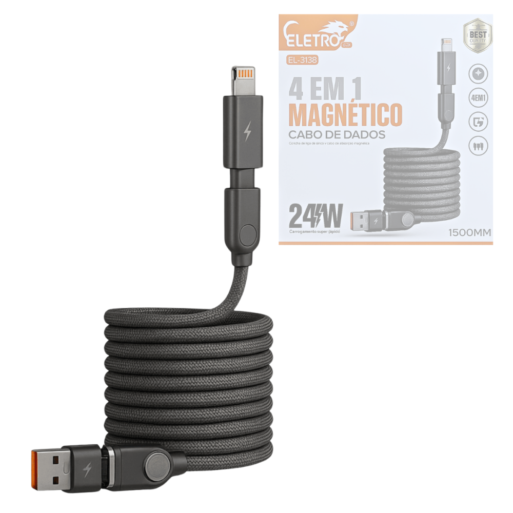 1009070625jijii0cbk1.png Cabo de Dados Magnético 4 em 1 Conexão TURBO 1,5 Metros 240W Eletromex EL-3138 - Imagem 1