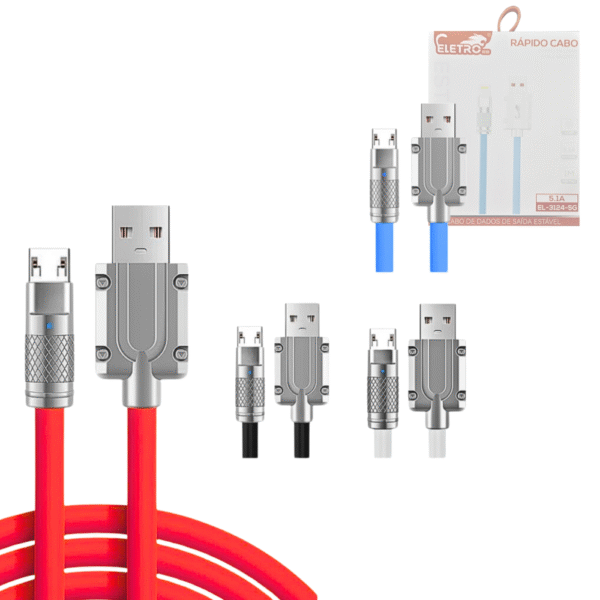 Cabo de dados V8 1 Metro Silicone acabamento em Metal e LED Eletromex EL-3124-V8
