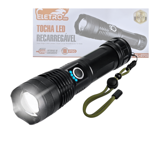 Lanterna Tática Portátil Bateria Recarregável Luz LED com Alça Eletromex EL-2701