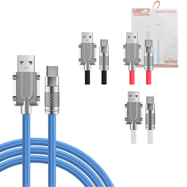 Cabo de dados TIPO-C 1 Metro Silicone acabamento em Metal e LED Eletromex EL-3124-TY