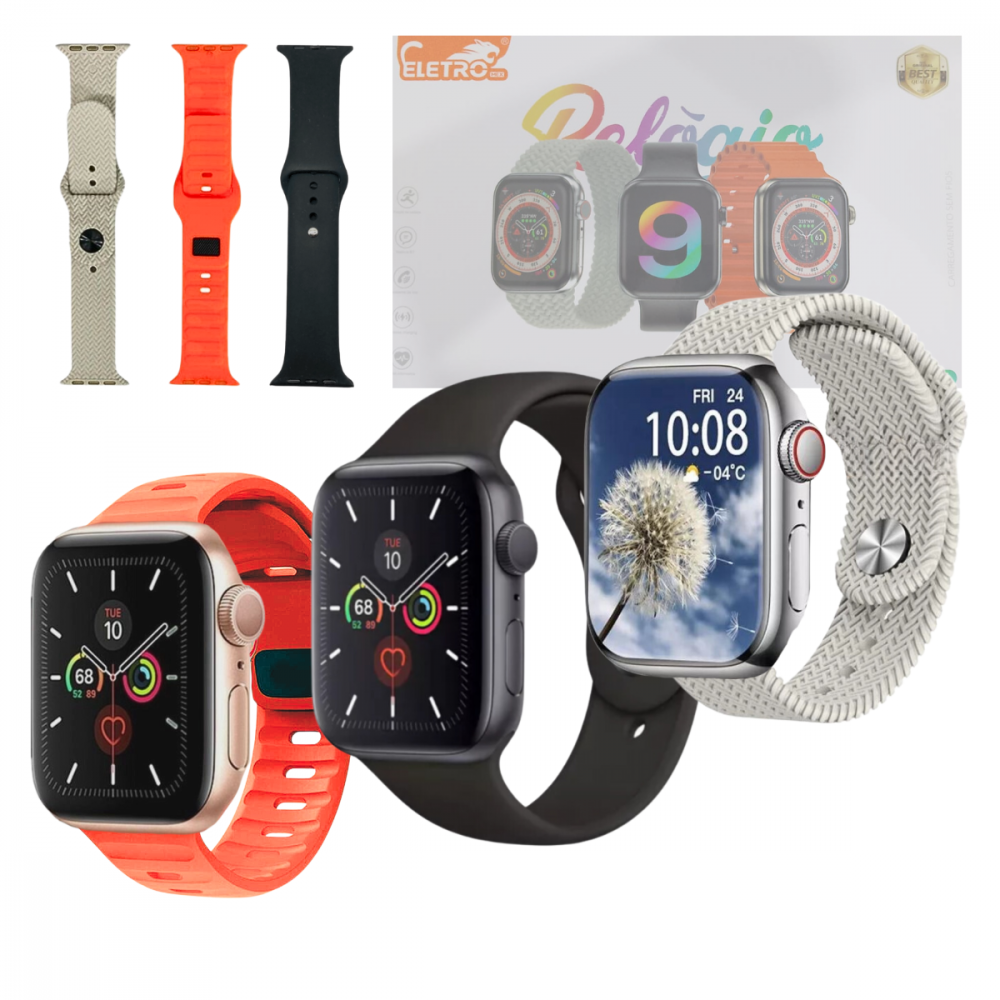 1104041224c5a70ead0j.png Relógio Inteligente Smartwatch 45mm com 03 Pulseiras Eletromex W9 MAX - Imagem 1