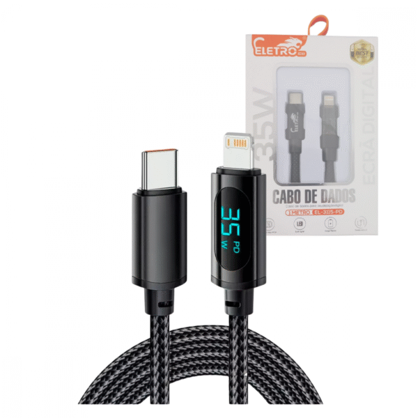 Cabo de Dados 35W TIPO-C / Lightning Indicador Digital Linha Premium Eletromex EL-3115-PD