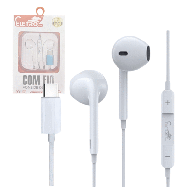 Fone de Ouvido Intra Auricular Com Fio e Microfone Controle de Volume Conexão TIPO-C Eletromex EL-1407-TY