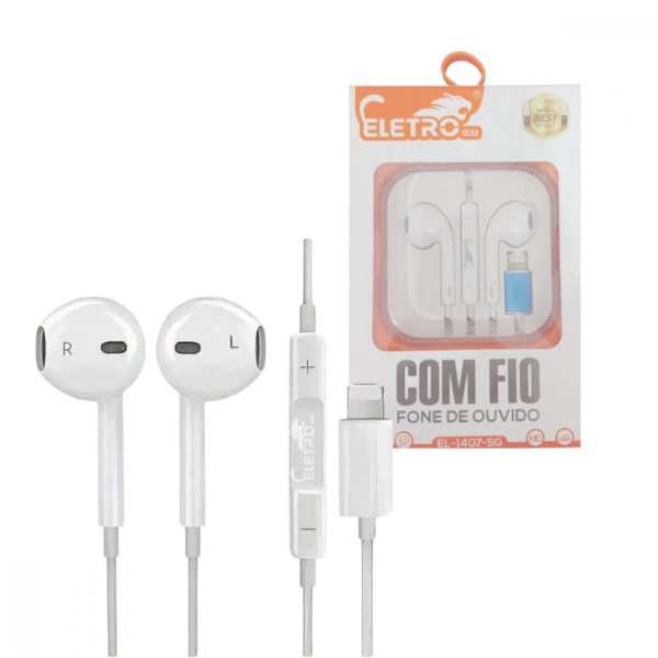 Fone de Ouvido Intra Auricular Com Fio e Microfone Controle de Volume Conexão Lightning Eletromex EL-1407-5G