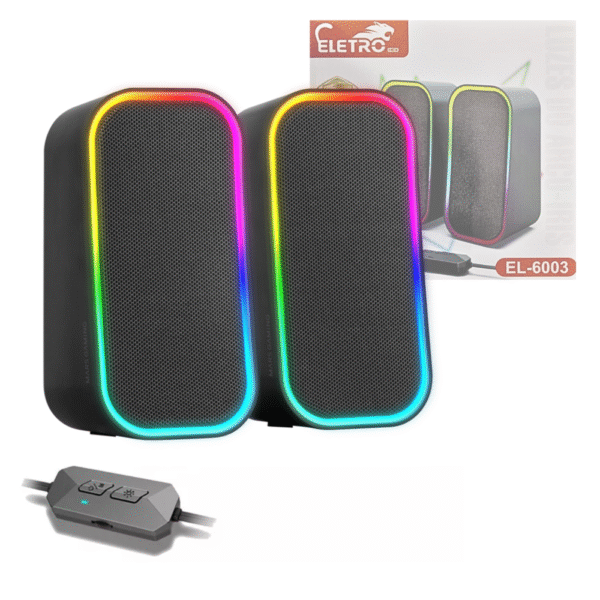 Caixa de Som Alto Falante RGB Bluetooth 6W - Computador Notebook P2 USB Eletromex EL-6003