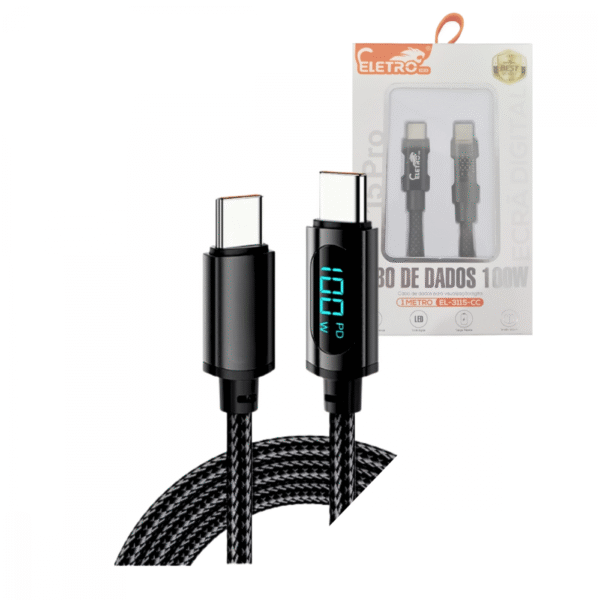 Cabo de Dados 100W TIPO-C / TIPO-C Indicador Digital Linha Premium Eletromex EL-3115-CC