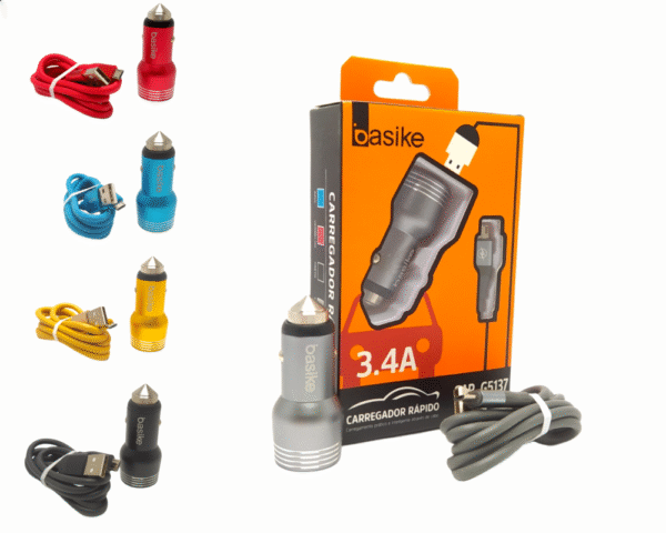 Carregador Veicular 2 Portas USB 3.4A Cabo V8 Basike CAR-G5137-V8 (***COR PRETO - ESGOTADO)