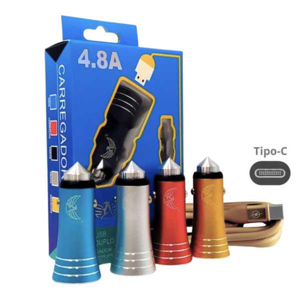 Carregador Veicular 12v TURBO 02 Portas USB Cabo Móvel TIPO-C 4.8A Altomex AL-2106D