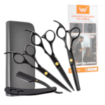 Estojo com 6 Peças Tesouras e Navalha Profissionais Barbeiro Fio Laser BLACK Altomex AL-2917