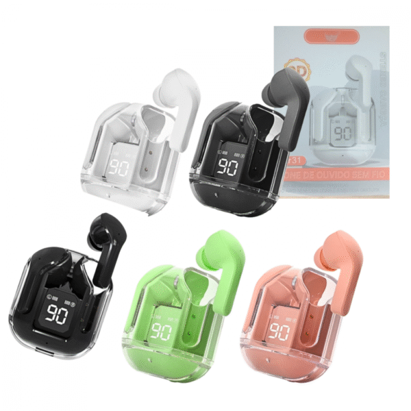 Fone de Ouvido Intra Auricular Bluetooth com Case de Carregamento Transparente LED Digital AIR31 Kapbom KA-850 (***DISPONÍVEL SOMENTE NA COR BRANCO)
