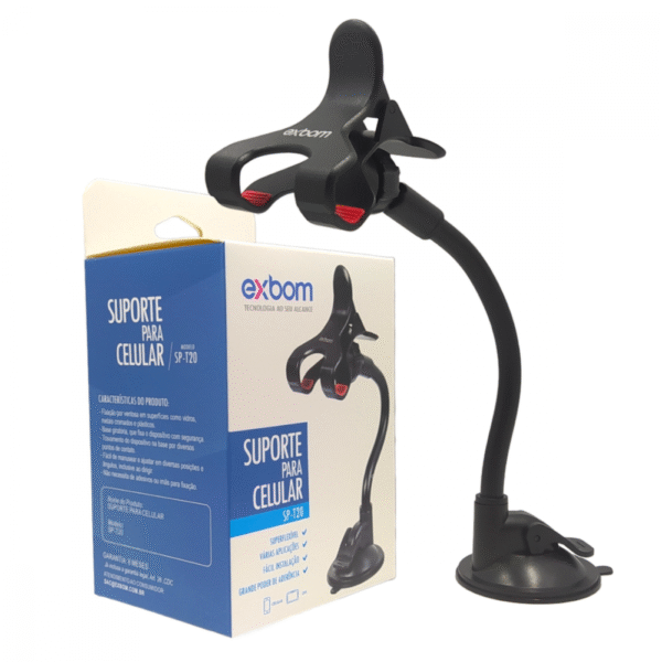 Suporte Veicular Universal para Celular Braço Articulável e Ventosa de Fixação Exbom SP-T20