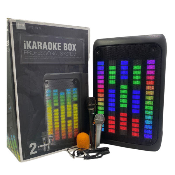Caixa de Som Karaokê 40W sem fio Bluetooth RGB com 02 Microfones Estéreo BTS-1809