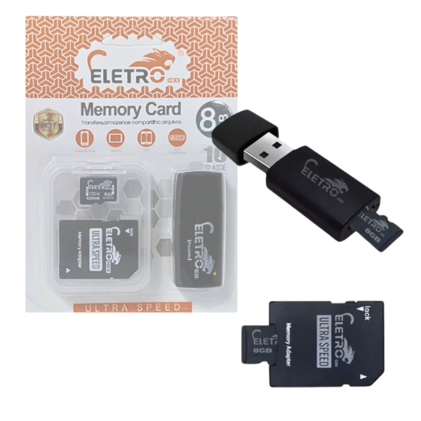 Cartão de Memória 8GB Pen Drive 3 Em 1 Classe 10 Eletromex EL-MC-8