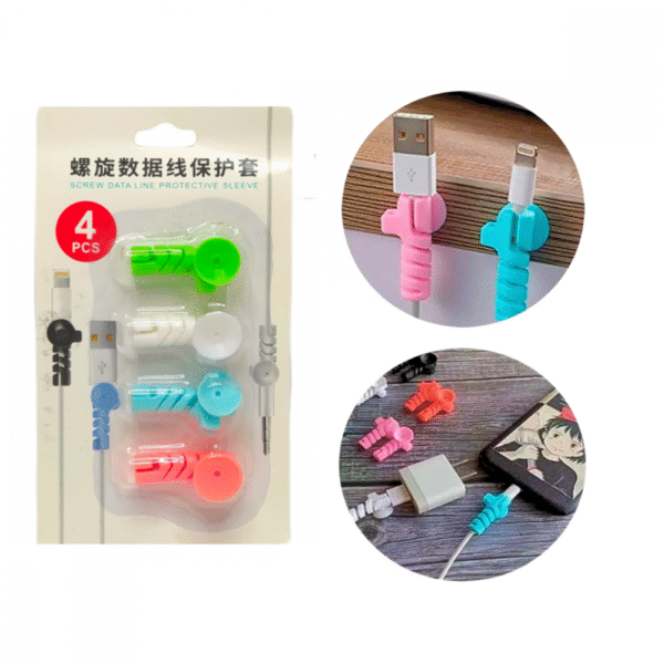 Cartela com 04 Protetor de Cabo em Silicone Espiral com Ventosa para Fio Celular Carregador USB Cable Protector G882